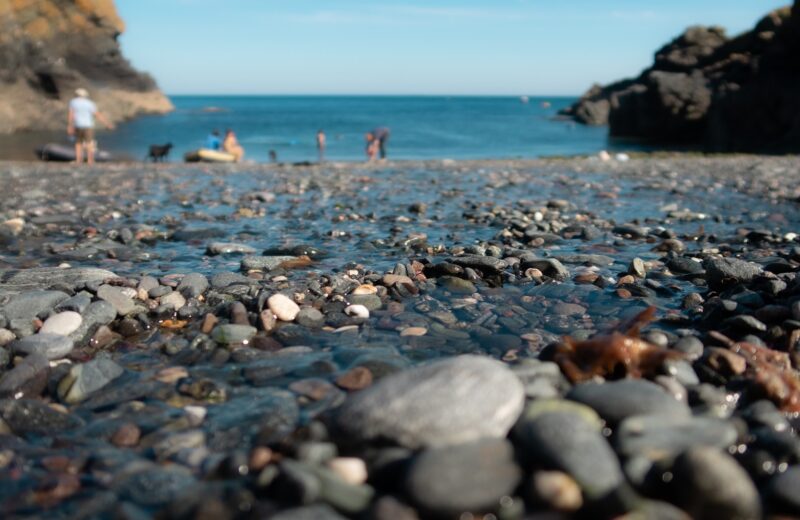 Picture of pebbles on the beach with people play at the waters edge
